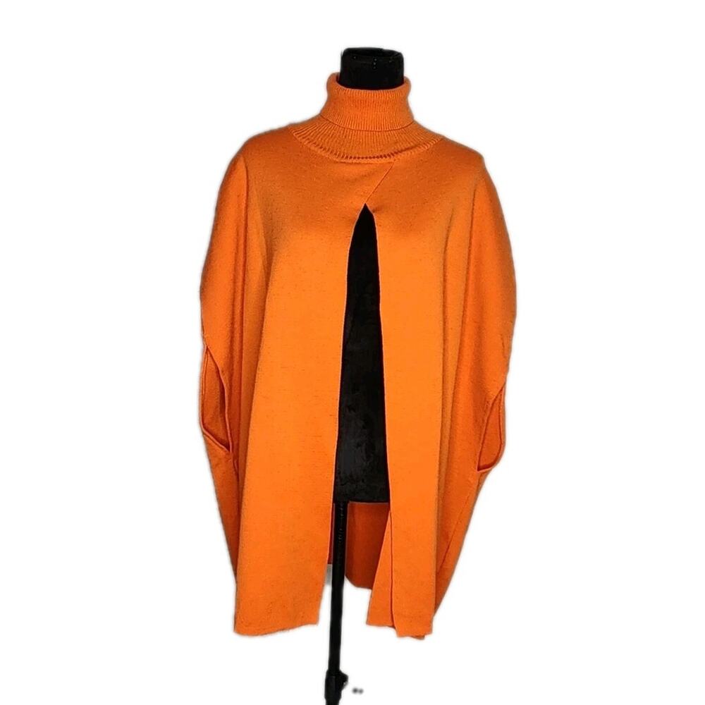 Jennifer Tyler Orange Turtle Neck Open Front Wool Cape Size Small